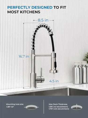 Miniatura 4 de WEWE Grifo de fregadero de cocina, grifos de cocina con rociador desplegable de acero inoxidable de una sola manija un solo agujero níquel cepillado