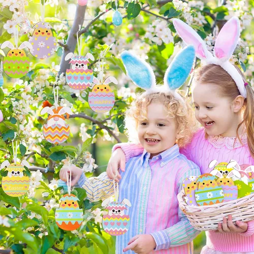 Miniatura 2 de Qunclay 40 piezas de adornos de Pascua, huevos de Pascua, huevos de Pascua, letreros colgantes para árbol, conejo, rebanadas de madera, recortes