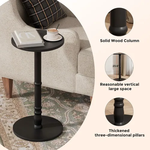 Miniatura 6 de Homleke Mesa auxiliar redonda, pilar de madera maciza con parte superior y base de madera, pequeña mesa de acento para bebidas para sala de estar