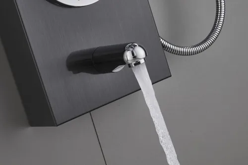 Miniatura 7 de Sistema de panel de ducha de acero inoxidable tipo torre de Ello&Allo, cabezal de LED, modo cascada o lluvia; sistema de hidromasaje con chorros