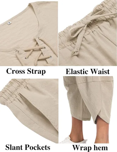 Miniatura 5 de Babioboa Conjunto de 2 piezas de lino para hombre, camisa hippie de manga corta y pantalones capri harén holgados para playa, pantalones de yoga