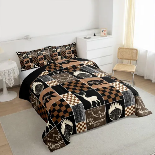 Miniatura 59 de Juego de edredón de oso y ciervo, tamaño individual, ropa de cama de animales salvajes de caza, colcha rústica de cabaña, casa de campo, cuadros