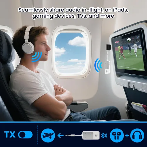 Miniatura 2 de Receptor transmisor Bluetooth 5.2, adaptador de audio adaptativo Qualcomm aptX, adaptador auxiliar inalámbrico 2 en 1 de 0.138 in para TV, avión