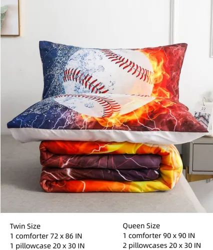 Miniatura 2 de Juegos de Edredón de Béisbol Deportivo Tamaño Queen Full - Juego de Cama de 3 Piezas Ice Flame Galaxy Béisbol para Niños Colcha Cubrecama
