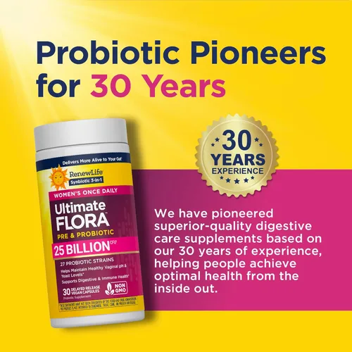 Miniatura 7 de Renew Life Ultimate Flora Probiotics para mujeres con prebióticos 25 mil millones de UFC 30 cápsulas de liberación retardada Sinbiótico 3 en 1
