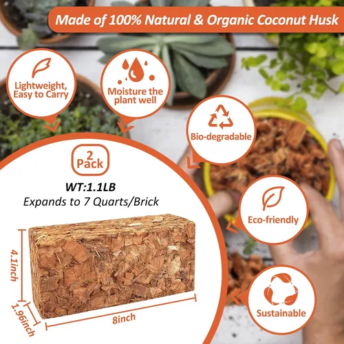 Miniatura 2 de Riare Paquete de 2 sustratos de chips de coco para plantas, 2.2 libras, ladrillo de cáscara de coco 100% orgánico con baja EC y pH equilibrado
