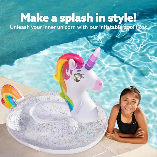 Miniatura 4 de JOYIN Flotador de piscina de unicornio para niños, inflable de unicornio arcoíris con purpurina, flotadores divertidos para montar en la playa