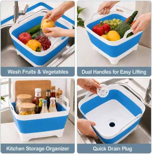 Miniatura 6 de Lavaplatos plegable de 2.4 galones (9L) con tapón de drenaje, para exteriores, multiuso, ahorro de espacio, bandeja de almacenamiento de cocina
