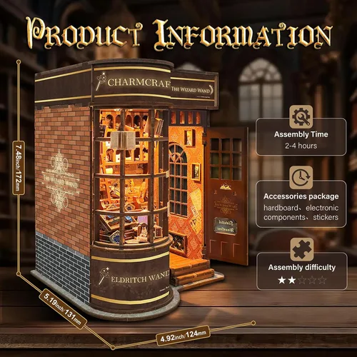 Miniatura 3 de Kit de rincón de libros para adultos y adolescentes, kit de casa en miniatura con luz LED, rompecabezas de madera 3D para adultos, regalos de madera