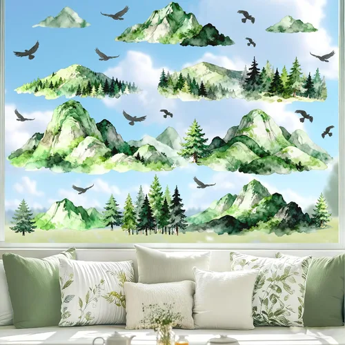 Miniatura 4 de Calcomanías de Pared de Montaña y Árbol Acuarela Calcomanías de Pared de Montaña Despegables y Adhesivas Aves Voladoras Árboles de Pino Verde