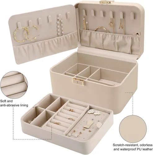 Miniatura 3 de Joyero mejorado, organizador de joyas de piel sintética de 2 capas para mujer con cerradura y espejo, gancho oculto para collar y divisor extraíble