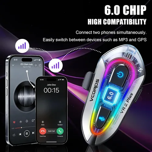 Miniatura 5 de VCOROS Auriculares para casco de motocicleta con luces RGB, intercomunicador de casco de 2 vías para 2 conductores, intercambio de música (N+), chip