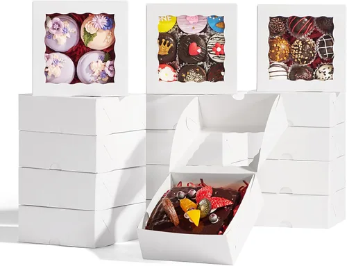RomanticBaking 51 cajas de panadería de 5 x 5 x 2 pulgadas, cajas de galletas con ventana, cajas de pastelería para macarrones, postres, magdalenas,
