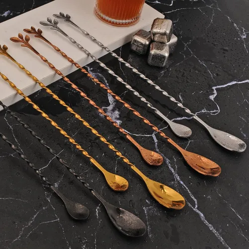 Miniatura 6 de AnSaw Cuchara de cóctel negra de acero inoxidable de 12 pulgadas con mango de hojas, perfecta para mezclar y poner en capas bebidas en tazas altas