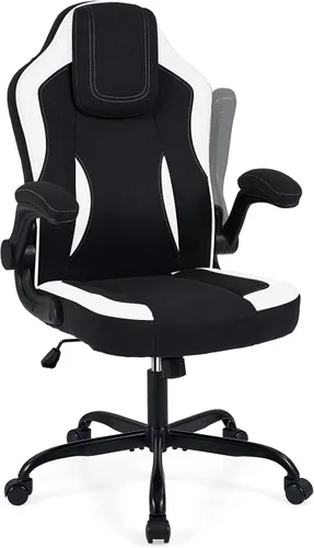 Miniatura 10 de Giantex Silla de oficina ergonómica, silla de escritorio de tela de lino con reposabrazos abatibles de 90°, altura ajustable, función mecedora, Gris