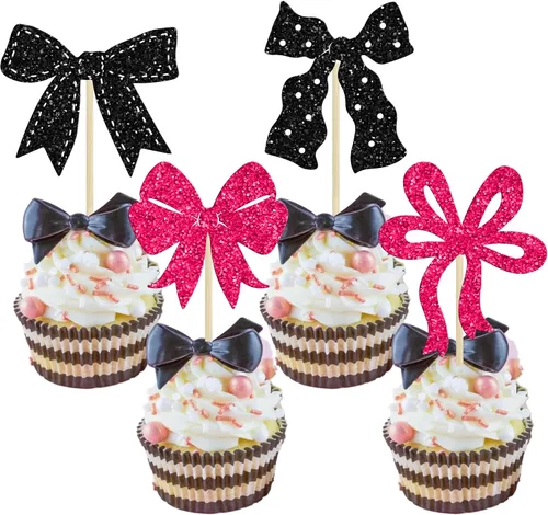 Ephlyn 24 Piezas Adornos para Cupcakes con Lazo Rosa - Decoraciones de Cupcakes con Moño para Nupcial, Baby Shower, Fiesta Temática de Boda - Negro