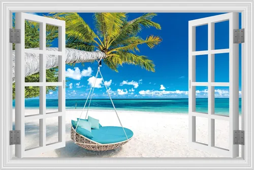Miniatura 13 de FLFK Calcomanía de pared falsa para ventana, diseño de vista tropical del océano para despegar y pegar, 24 x 16 pulgadas