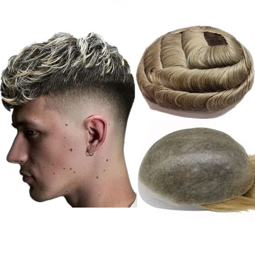 Miniatura 17 de N.L.W. Prótesis de cabello humano europeo para hombre, toupee para hombres con piel fina transparente PU 10x8 tamaño base piezas de cabello humano