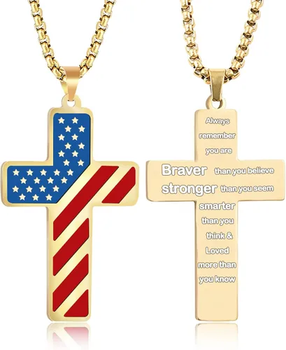 REGIS Collar de cruz de bandera estadounidense para hombres y niños, cadena de acero inoxidable de 24 pulgadas, versículo bíblico con colgante de