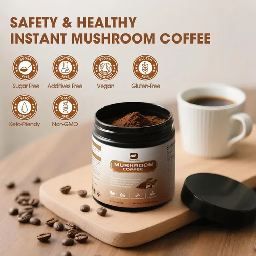 Miniatura 6 de B BEWORTHS Café en polvo de hongos con aceite MCT, 10 hongos melena de león, cola de pavo, reishi, cordyceps y chaga - Café instantáneo de hongos