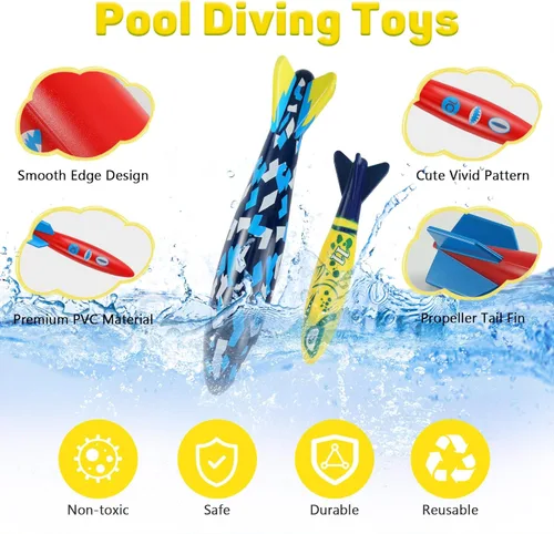 Miniatura 4 de MoKo Paquete de 10 juguetes de torpedo para piscina, 2 cohetes grandes y 8 pequeños de buceo para niños y adultos, juguetes de deslizamiento