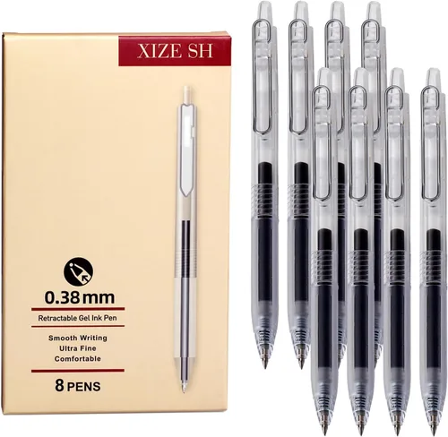 XIZE SH Bolígrafos retráctiles de punta ultrafina de 0.015 in, barriles transparentes, tinta de gel negro, paquete de 8, escritura suave para