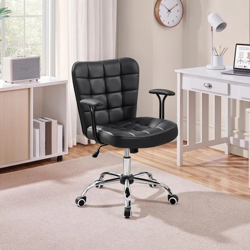 Miniatura 2 de Yaheetech Silla de escritorio de piel sintética con respaldo medio, ajustable, inclinable, moderna, tapizada, con reposabrazos acolchados Blanco