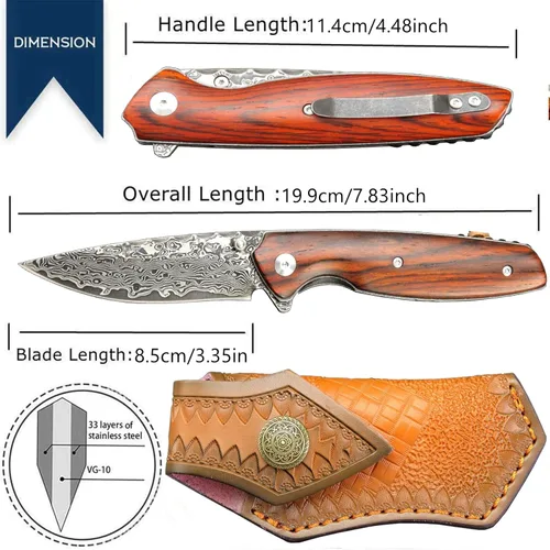 Miniatura 2 de Sitivien ST240 EDC Cuchillo plegable de acero Damasco con mango Dalbergia, bloqueo de hoja de núcleo VG10 y clip para cinturón, cuchillo de 240D