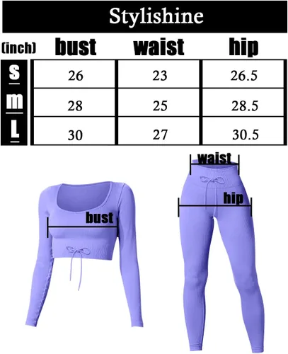 Miniatura 6 de Stylishine Conjunto de 2 piezas de entrenamiento para mujer, trajes acanalados de manga larga, tops cortos de cintura alta, leggings para yoga