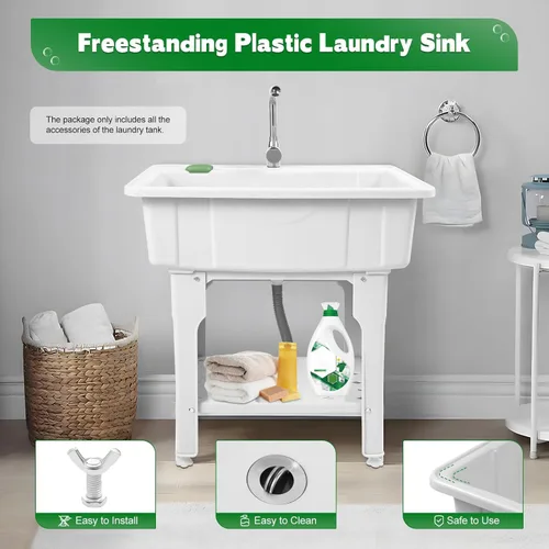 Miniatura 3 de Fregadero de Lavandería de Plástico Independiente con Tabla de Lavadero, Fregadero Utilitario para Interiores y Exteriores con Grifo de Agua Fría