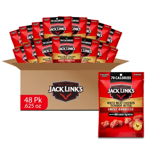 Jack Link's Sweet BBQ White Meat Chicken Tender Bites - Bocadillos de proteína de carne real listos para comer, 0.23 onzas de proteína por porción,