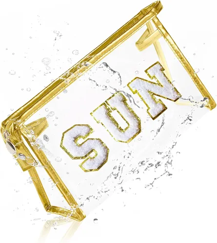 Miniatura 8 de COSHAYSOO Bolsa de Maquillaje Transparente con Protección Solar, Bolsa de Protector Solar con Parches de Letras, Accesorios Esenciales de Playa