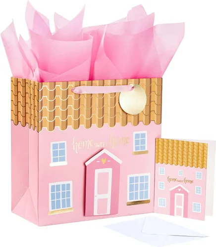 LeZakaa Bolsa de regalo rosa de 10.4 pulgadas con papel de seda, etiqueta de regalo y tarjeta, Home Sweet Home con Paster 3D para inauguración de la