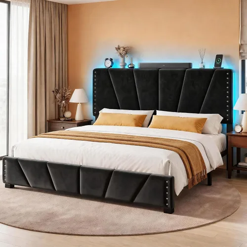 Miniatura 15 de EnHomee Base de cama de plataforma individual con cabecera ajustable tapizada de terciopelo, luces LED y estación de carga para dormitorio, Beige