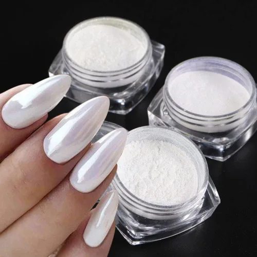 Miniatura 15 de 3 frascos de polvo de cromo perla blanca para uñas, efecto espejo de luz de luna, brillo blanco con purpurina aurora, pigmento brillante para diseño