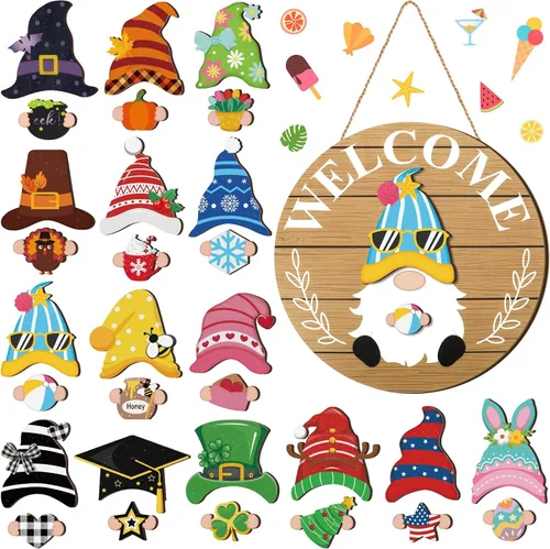 Miniatura 19 de Qunclay 31 piezas 3D de grano natural intercambiable de madera gnomo para puerta, decoraciones navideñas de gnomo con piezas magnéticas y sombreros