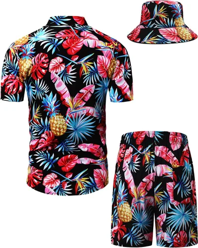 Miniatura 32 de TUNEVUSE Conjunto de camisas y pantalones cortos hawaianos para hombre, 2 piezas, trajes de playa con estampado de flores, traje tropical de verano