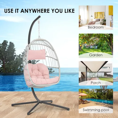 Miniatura 6 de Silla colgante de huevo con soporte, sillas de huevo rosadas, sillas de mimbre para interiores y exteriores, dormitorio, jardín, marco de acero