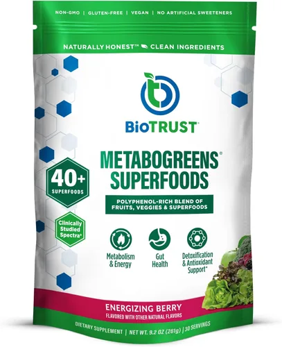 BioTrust Metabo Greens Superfood Powder - Polvo súper verde, mezcla de frutas y verduras con espectros clínicamente estudiados, sin OMG, sin soja,
