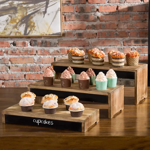 Miniatura 3 de MyGift Soportes elevadores rústicos de madera quemada de 21 pulgadas para tartas/postres con paneles de pizarra