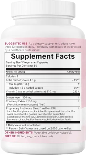 Miniatura 7 de Pure D Manosa 1,300 mg con arándano rojo y probióticos, 240 cápsulas vegetales Salud del tracto urinario para mujeres Más 1 millón de UFC mezcla