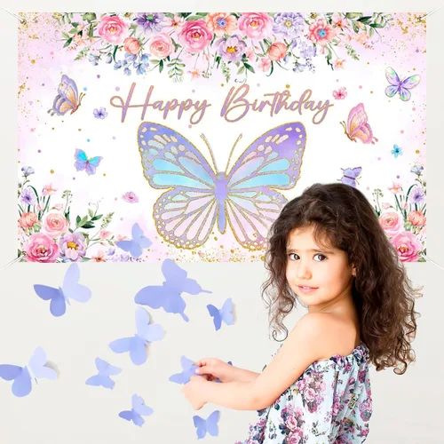 Miniatura 3 de Mocsicka Cartel de cumpleaños de mariposa para niñas y mujeres, decoración de fiesta de cumpleaños, pancarta morada con diseño de mariposa feliz