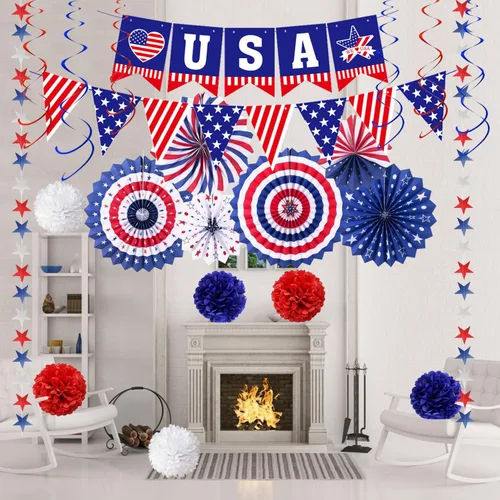 Miniatura 4 de Decoraciones de fiesta patriótica del 4 de julio, 6 abanicos de papel, 6 bolas de flores, 1 bandera de cola de golondrina de Estados Unidos, 1