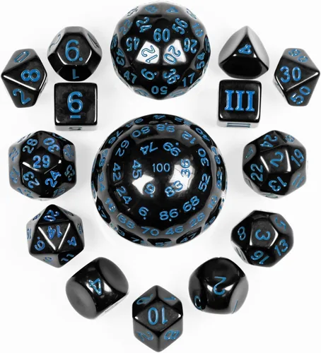 Miniatura 9 de Juego completo de 15 dados poliédricos DND D3-D100 con bolsa de dados de ojo de dragón, dados D100 para juegos de mesa RPG (negro con números azules)