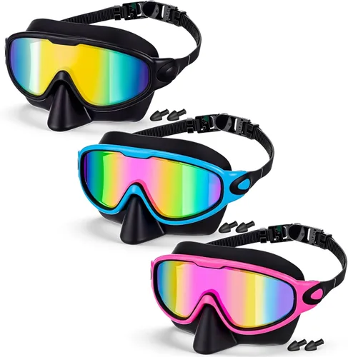 Miniatura 8 de Konohan Paquete de 3 gafas de natación para adultos, gafas anchas sin fugas, antiniebla, con clips para la nariz, tapones para los oídos
