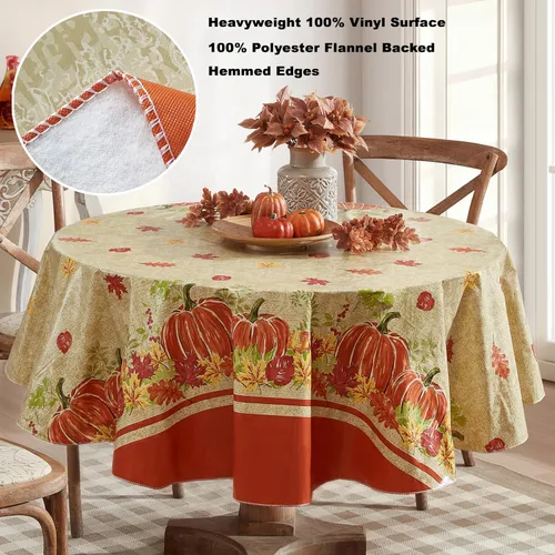Miniatura 4 de Newbridge Mantel de vinilo de franela con estampado de calabaza de cachemira, diseño de calabaza y hojas de otoño, mantel de vinilo de fácil cuidado