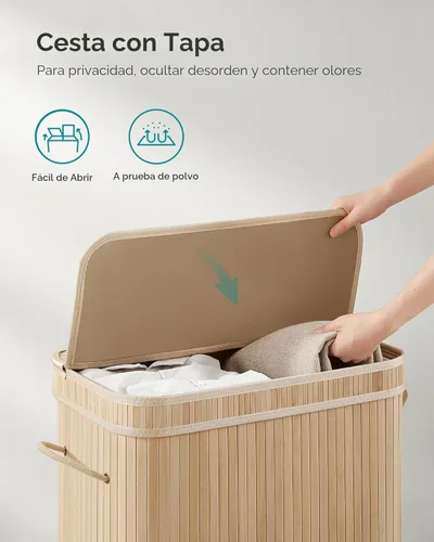 Miniatura 4 de SONGMICS Cesta de lavandería con tapa, cesta de lavandería de bambú, extraíble lavable a máquina, con asas, 26.4 galones, para lavandería, Beige