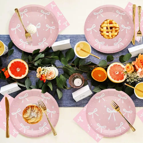 Miniatura 7 de 100 piezas de suministros para fiesta de cumpleaños con lazo rosa, juego de vajilla de lazo rosa de 9 y 7 pulgadas, platos de lazo rosa, tazas