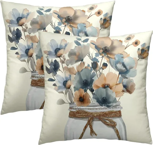 Miniatura 11 de Juego de 2 fundas de cojín decorativas con bandera americana y flores de amapola roja y azul, 16 x 16 pulgadas, fundas cuadradas para sofá, sillón