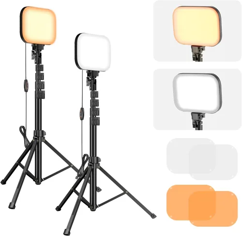 EMART Paquete de 2 luces LED de video, 3000-5500K CRI97+, soporte de trípode de 62 pulgadas y filtros de luz magnéticos, iluminación regulable
